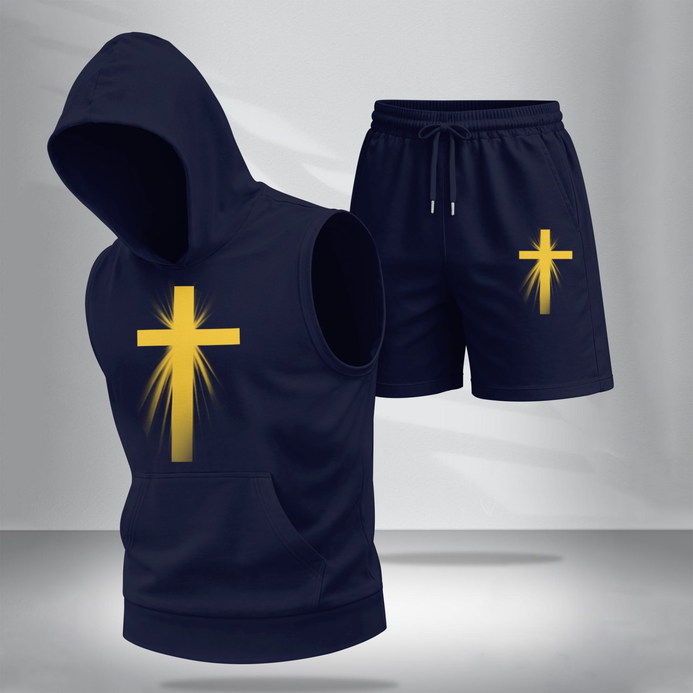 Conjunto de dos piezas Summer – Sleeveless sudadera con capucha & shorts, Faith & Prayer-Inspired Cross Design, casual Regular Fit Summer Outfit, Athletic Streetwear, Lightweight Summer Tracksuit para hombre