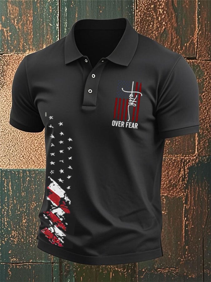 Camisa polo Flag Faith Over Fear Cross estampado para hombre