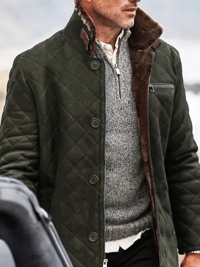 Abrigo de modaable Open bolsillo Button Design Quilting Imitation cuero Plush Warm para hombre