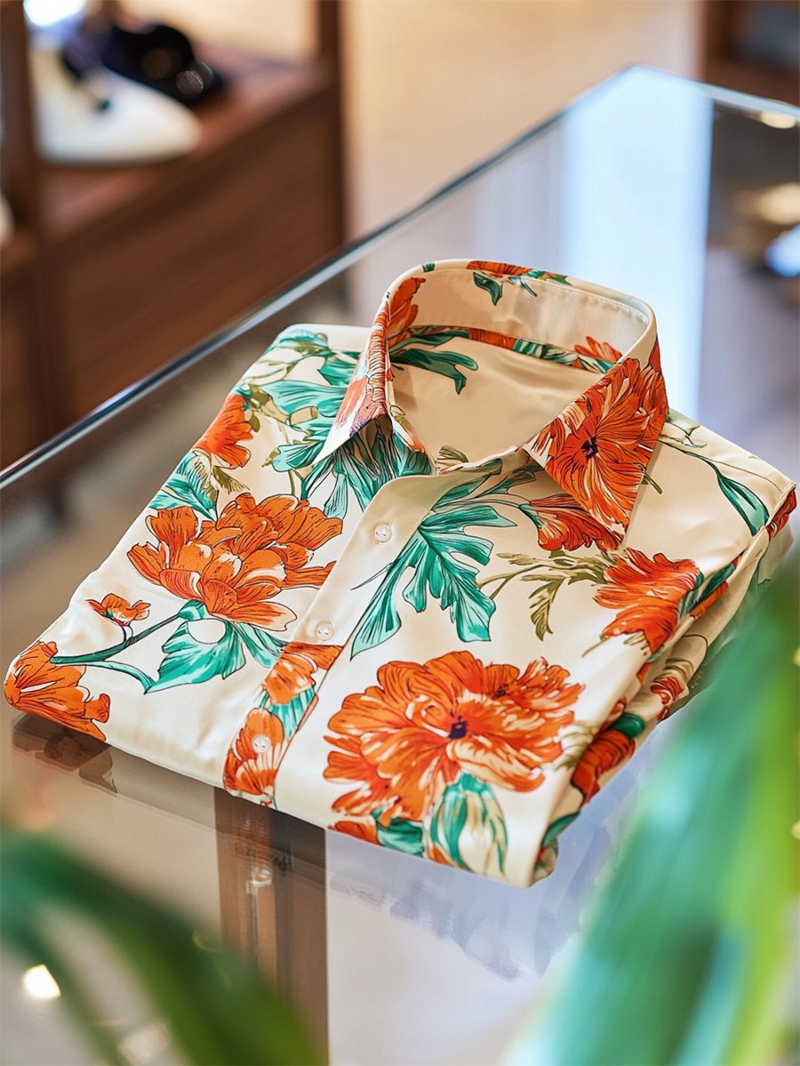 Camisa satén Luxe hawaiano estampado de manga corta Button para hombre