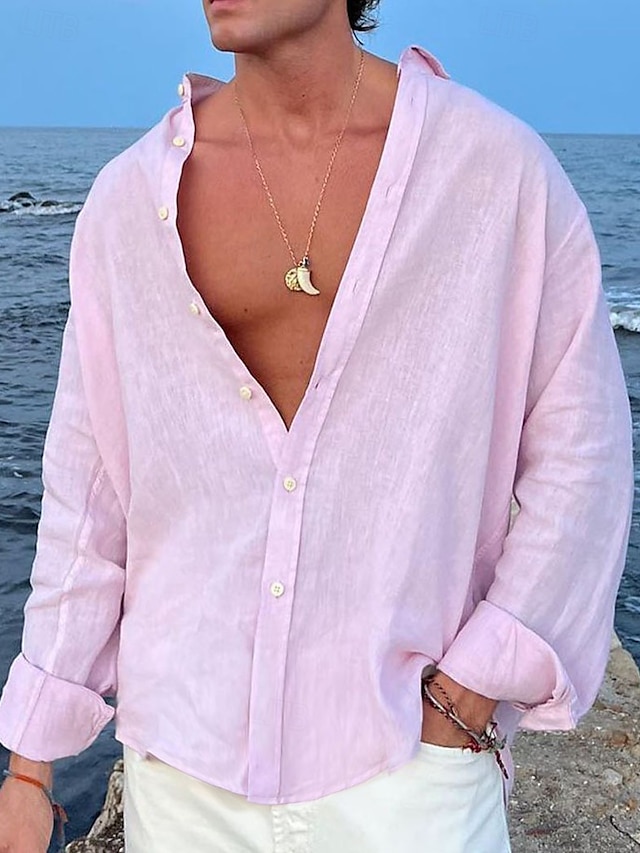 Camisa de lino camisa Summer camisa Beach Wear Button Up camisa Plain casual para uso diario Black White Pink Blue de manga larga Lapel Spring & Summer Clothing Apparel para hombre