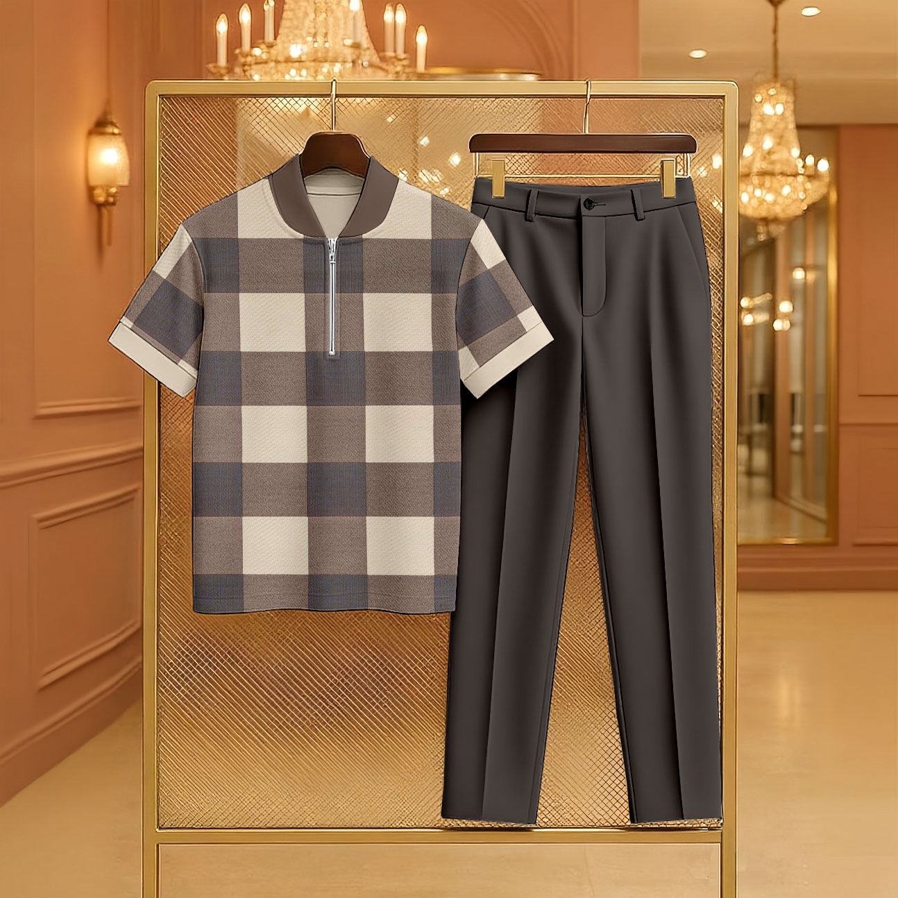 Conjunto de dos piezas casual Coffee Color Matching Checkered estampado Zipper de manga corta camisa polo & Trousers para hombre