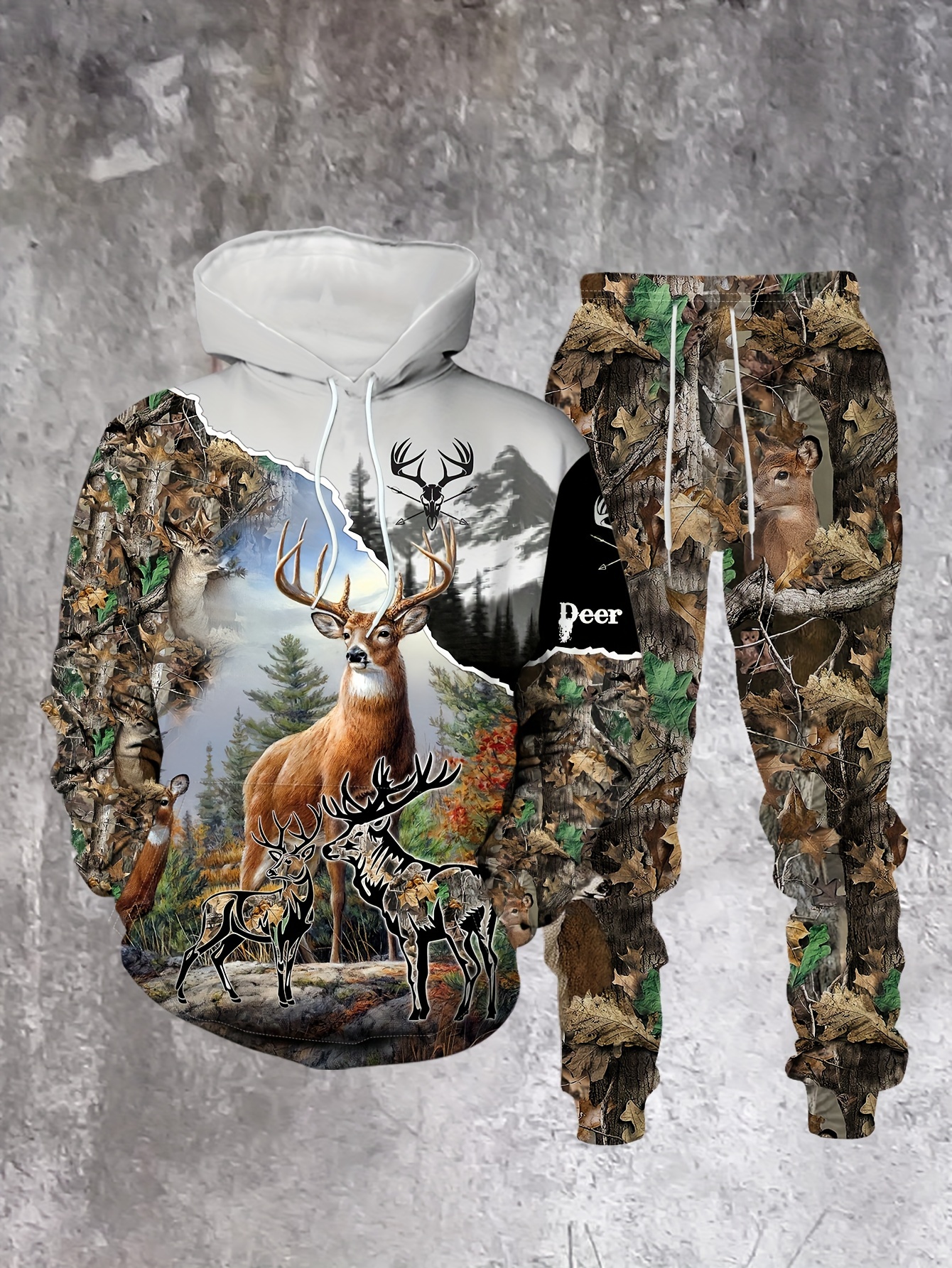 Conjunto de dos piezas casual "Sika deer in the mountains" estampado sudadera con capuchas de manga larga sudaderas & Sweatpantalón para hombre
