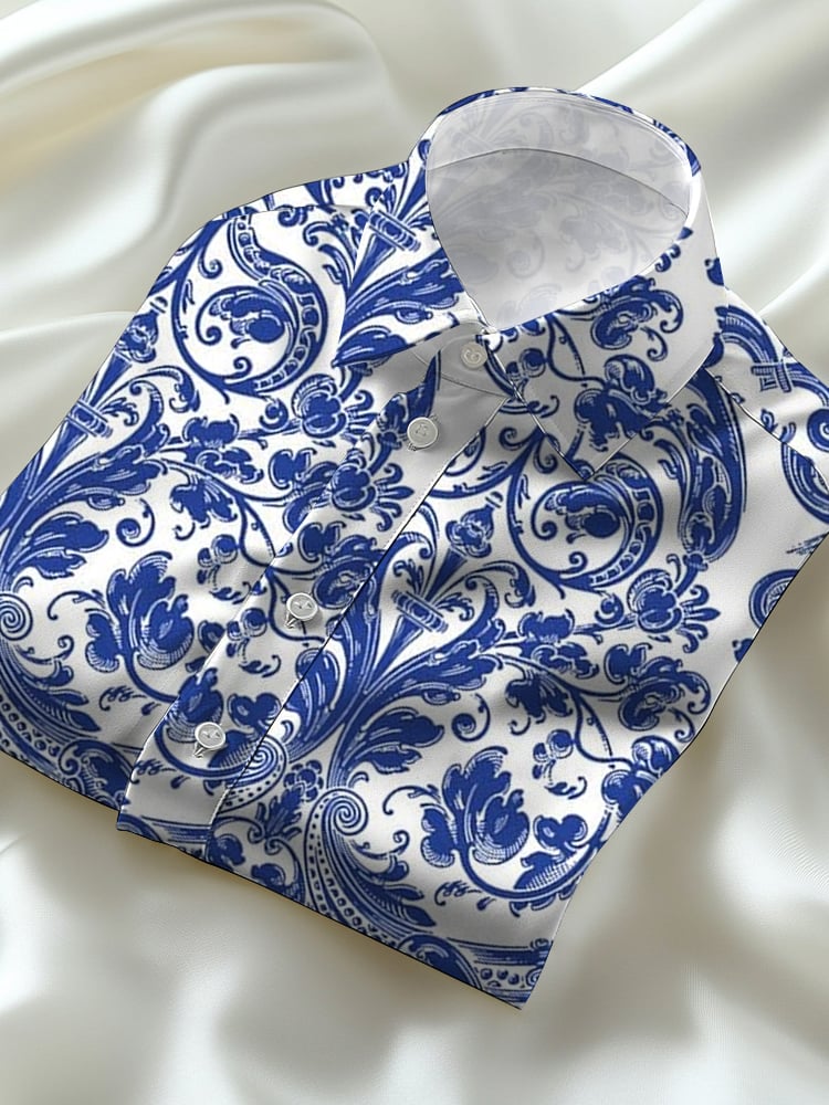 Camisa ejecutivo casual Blue floral solapa de manga corta para hombre