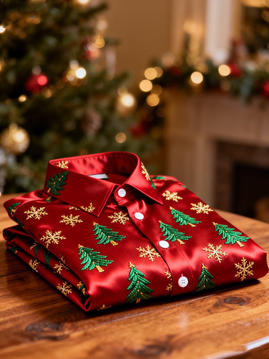 Camisa ejecutivo retro Christmas Evergreen Tree Snowflake estampado de manga larga para hombre