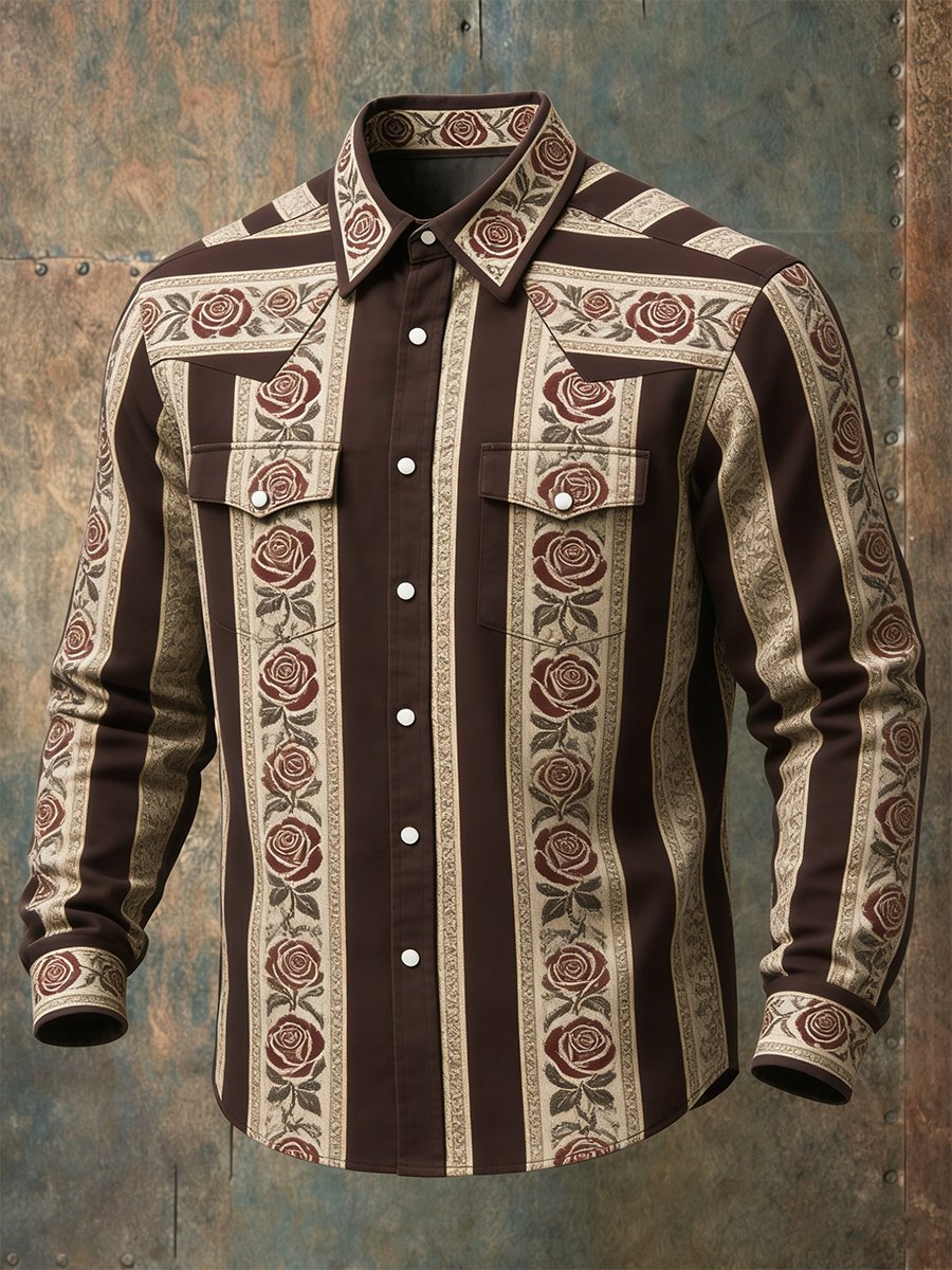 Camisa vintage a rayas Rose Western de manga larga para hombre