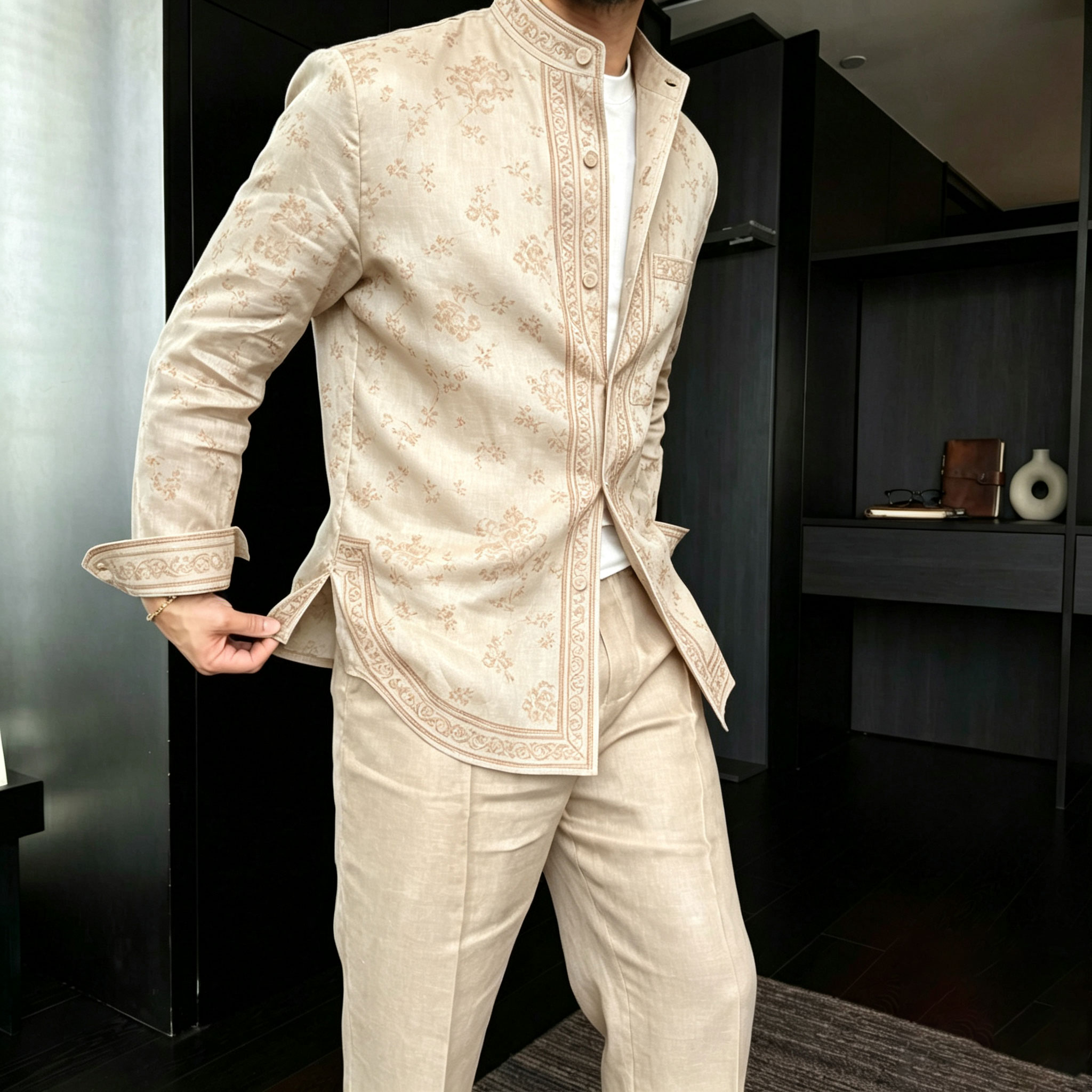 Conjunto de dos piezas casual Paisley-estampado Stand-Collar de manga larga camisa and pantalón para hombre