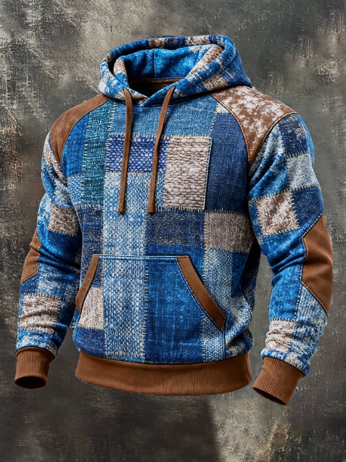 Sudadera retro desgastado en bloques de color estampado casual de manga larga para hombre