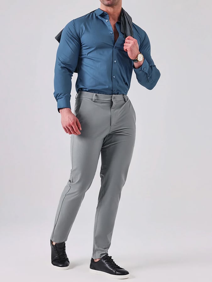 Camisa de color sólido Everyday solapa cuello de manga larga para hombre
