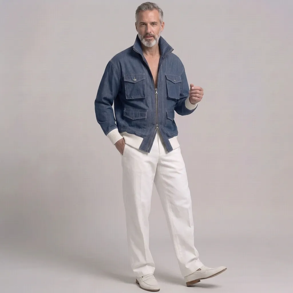 para hombre casual de color sólido Multi-Pocket Ribbed Hem con cierre Denim chaqueta