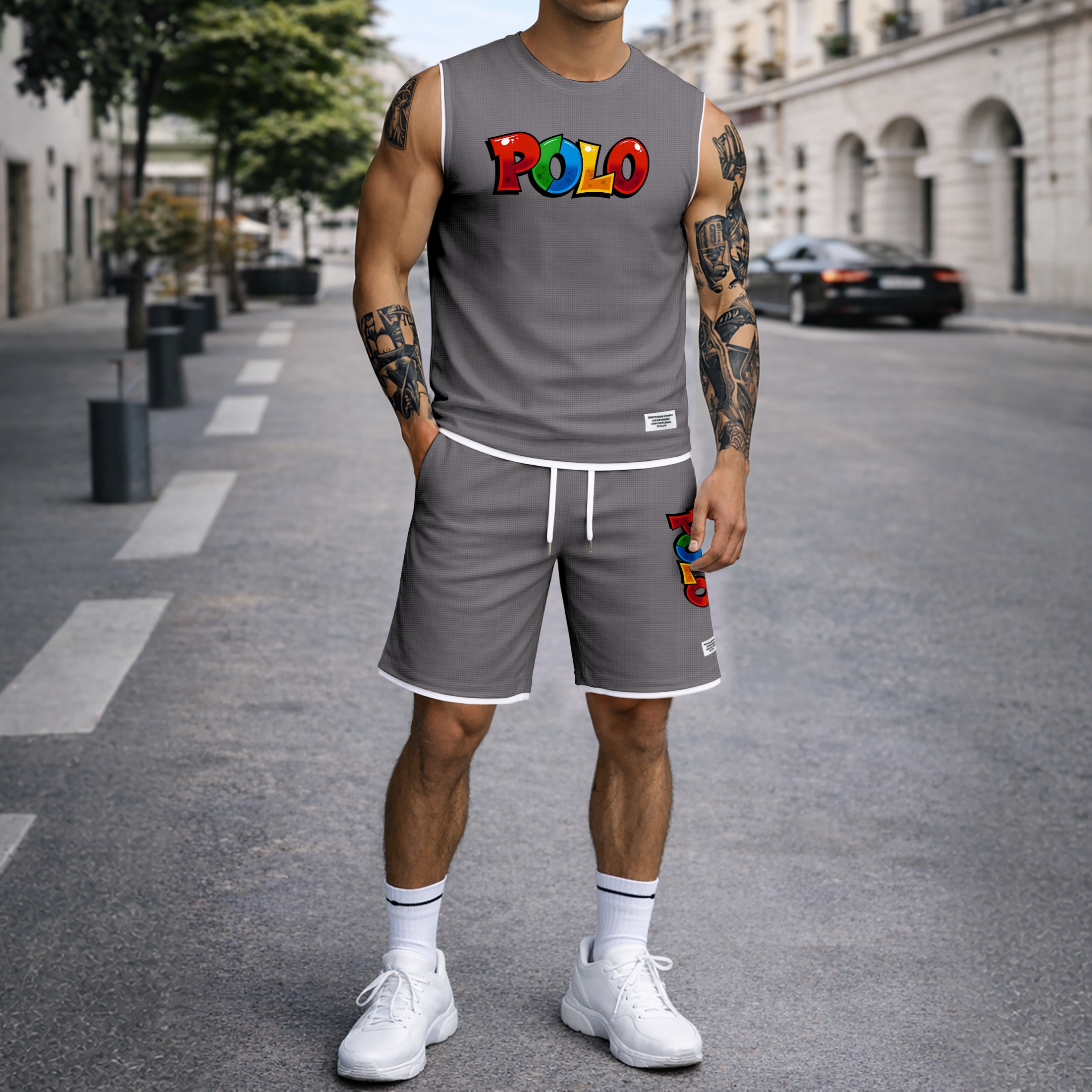 Shorts Graffiti Letter estampado Summer Set Sleeveless Tank Top & Matching Outfit, Lightweight casual Streetwear Athletic Set for Everyday & Holiday para hombre