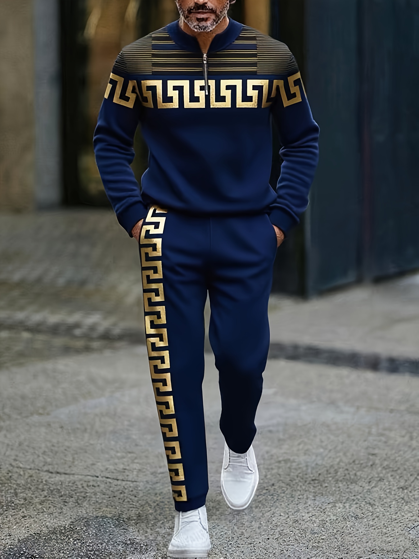 Conjunto de dos piezas casual Color Matching estampado Round-Neck Zipper de manga larga Trousers para hombre