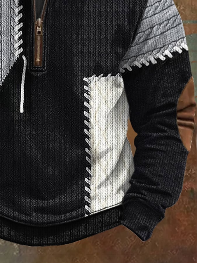 Sudadera casual 1/4 cierre Half Stand cuello retro en bloques de color estampado de manga larga para hombre