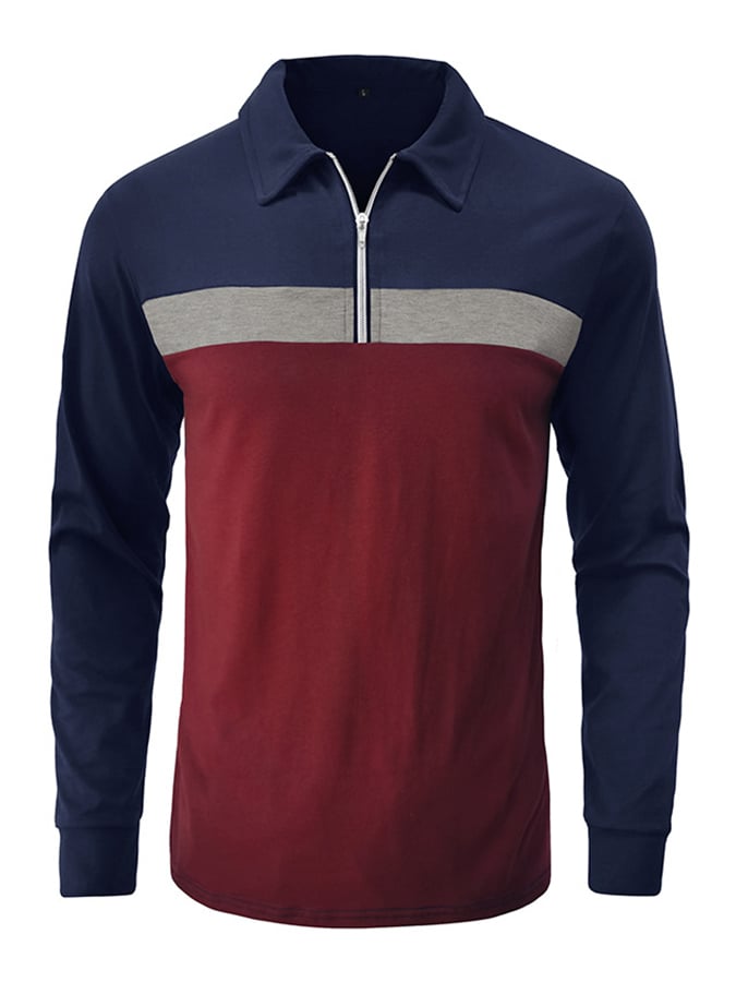 Camisa polo Colorblock cierre de manga larga para hombre