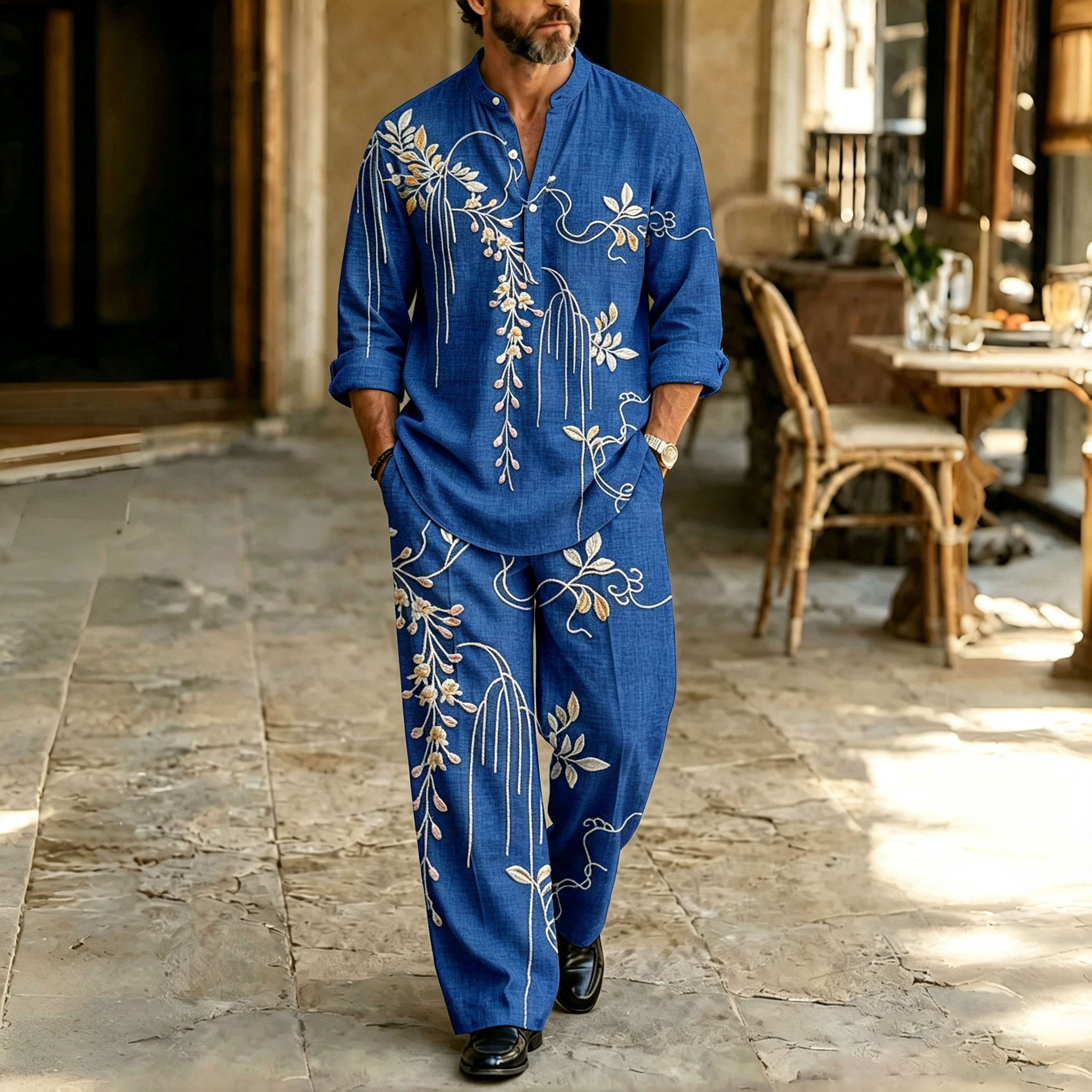 para hombre Blue Stand-Collar camisa polo and pantalón Set
