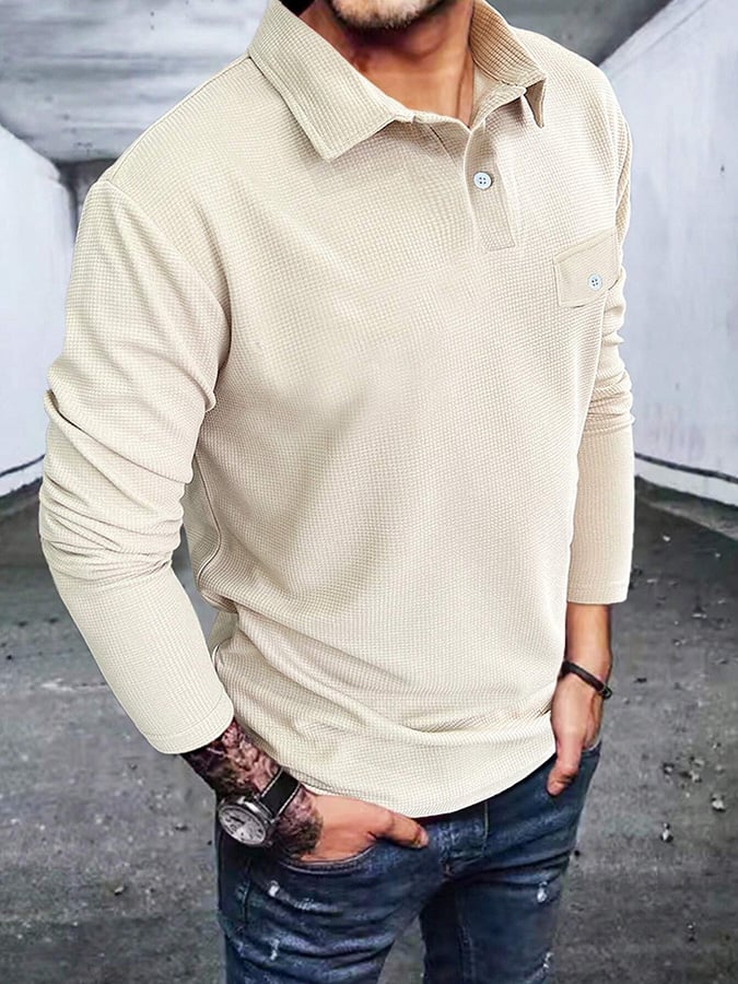 Camisa polo Waffle casual de color sólido Half Button para hombre
