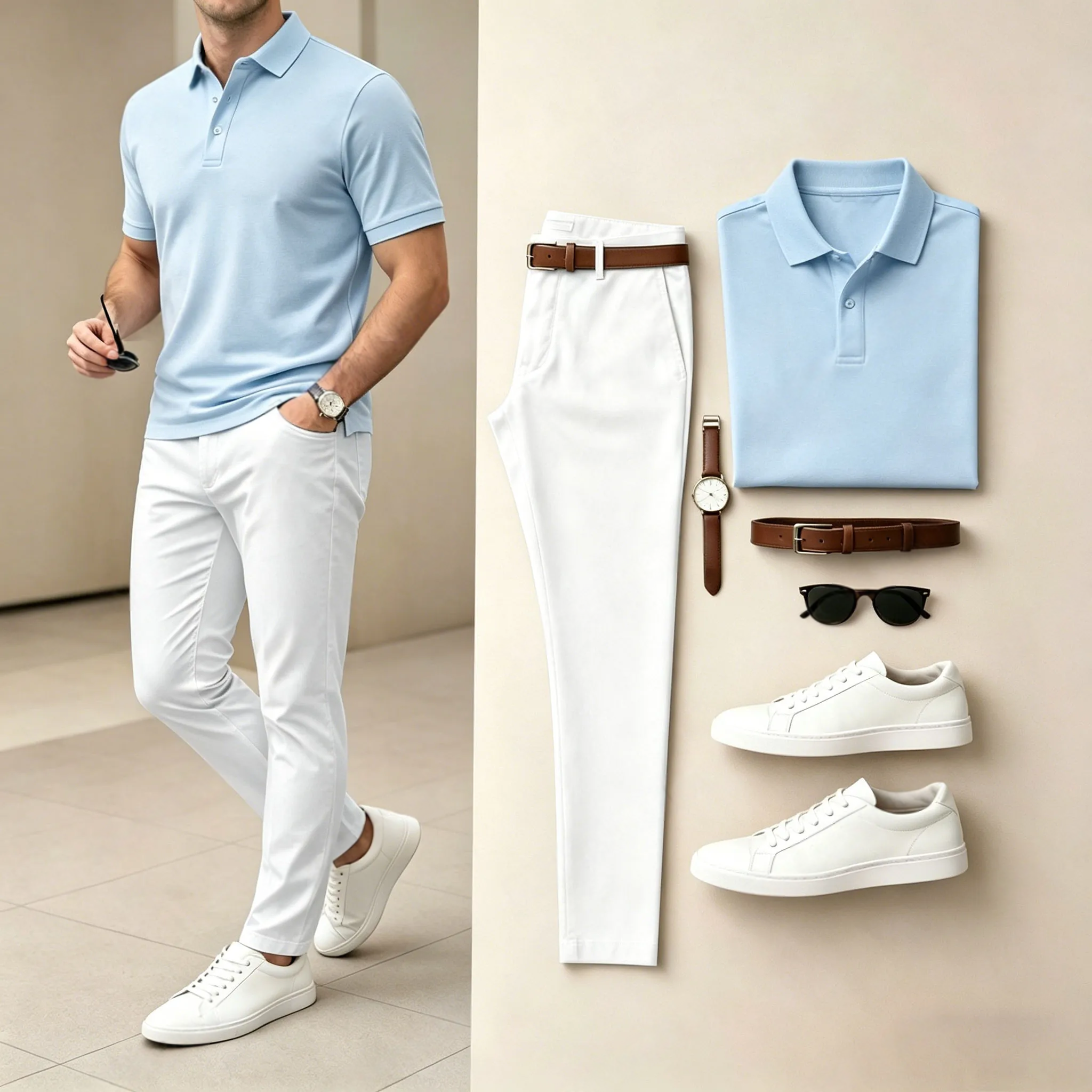 Conjunto de dos piezas casual Sky Blue estampado camisa polo And pantalón para hombre