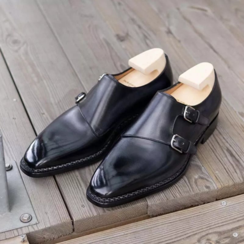 Zapatos Pu de color sólido Low Heel Double Buckle clásico ejecutivo cuero