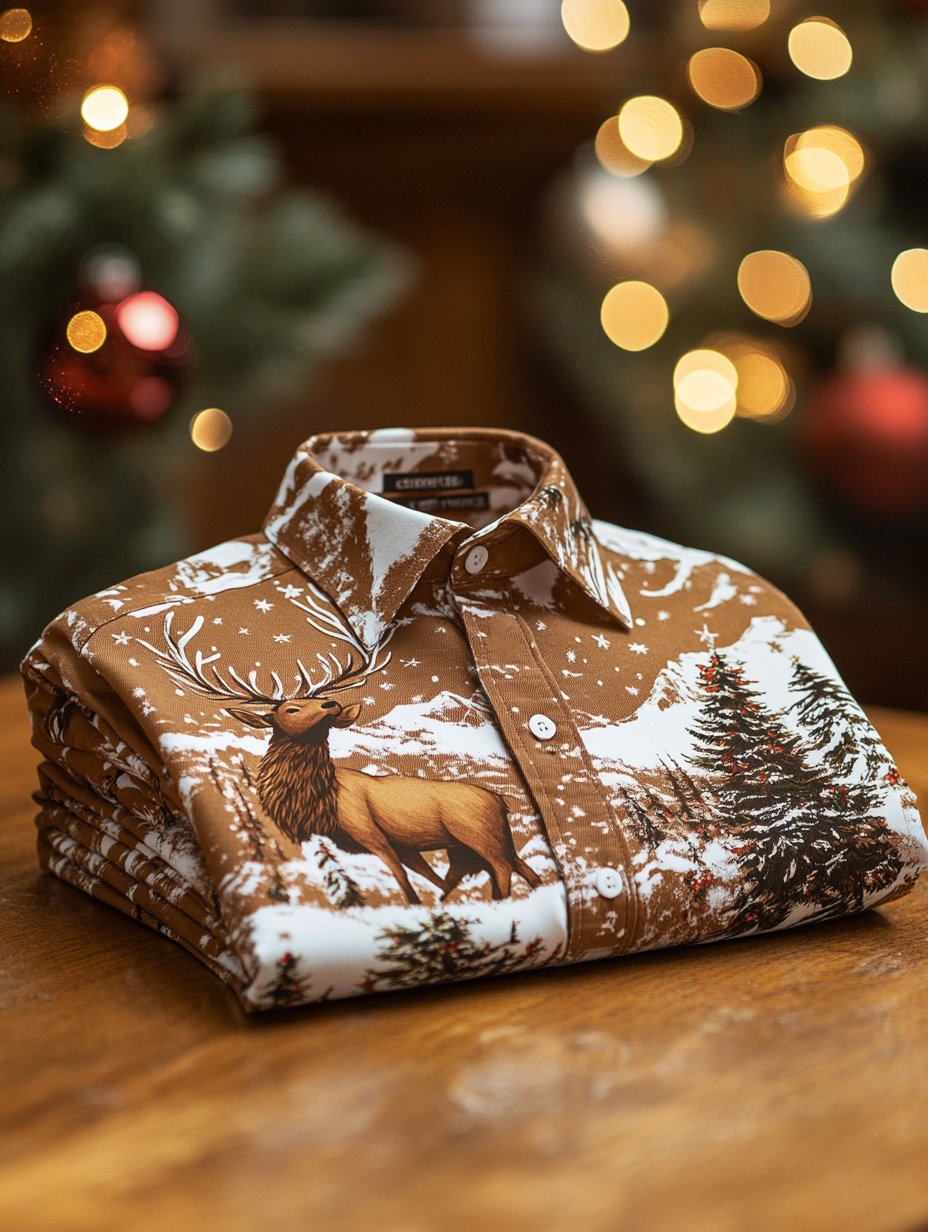 Camisa Christmas ejecutivo de lujo Elk estampado de manga larga para hombre