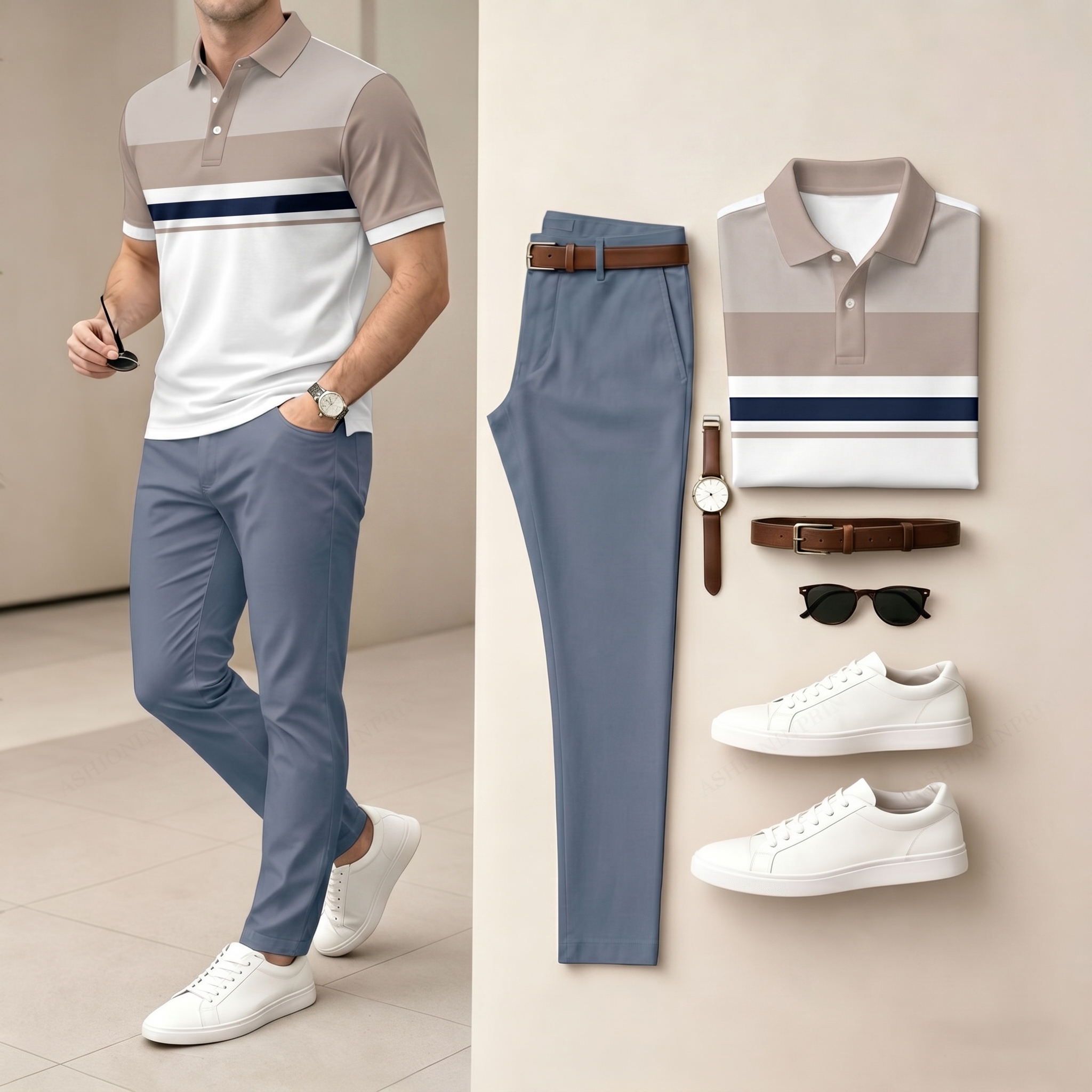Conjunto de dos piezas White & Khaki Color Matching de manga corta camisa polo & pantalón para hombre