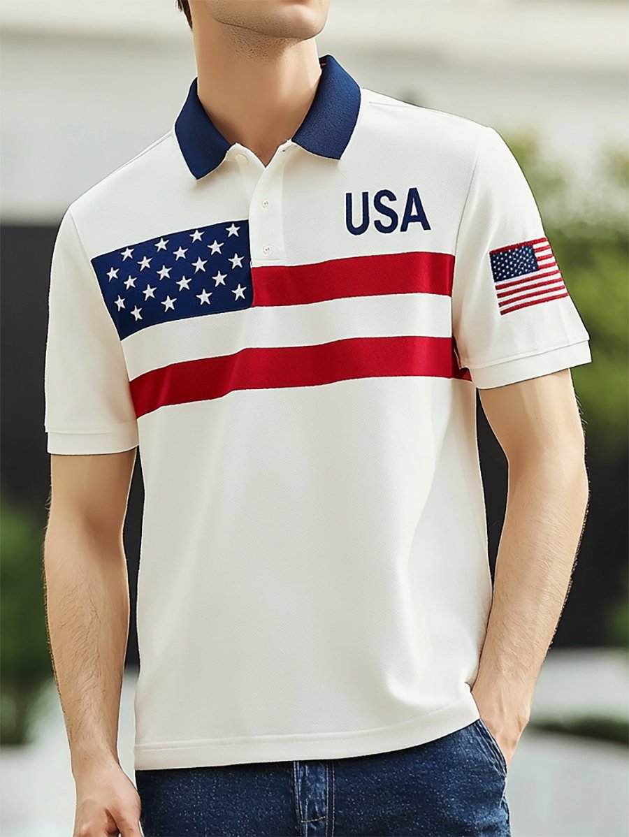 Camisa polo ejecutivo casual a rayas Independence Day Button de manga corta para hombre