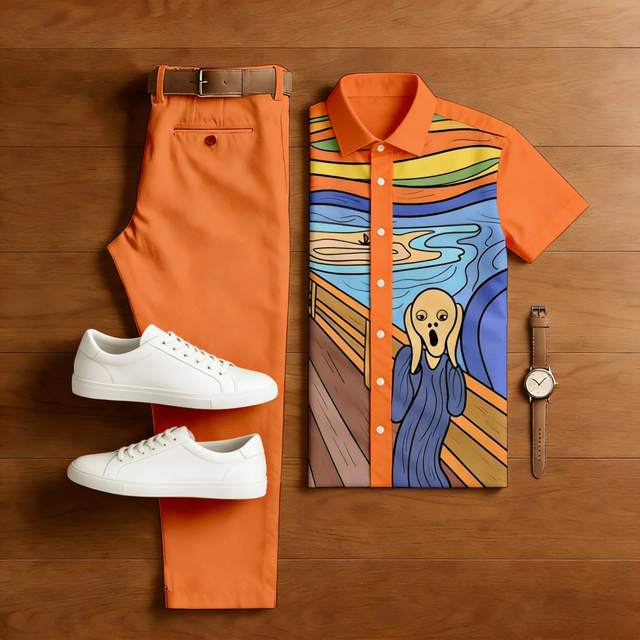 Conjunto de dos piezas casual Orange Monk estampado camisa polo And Trousers para hombre