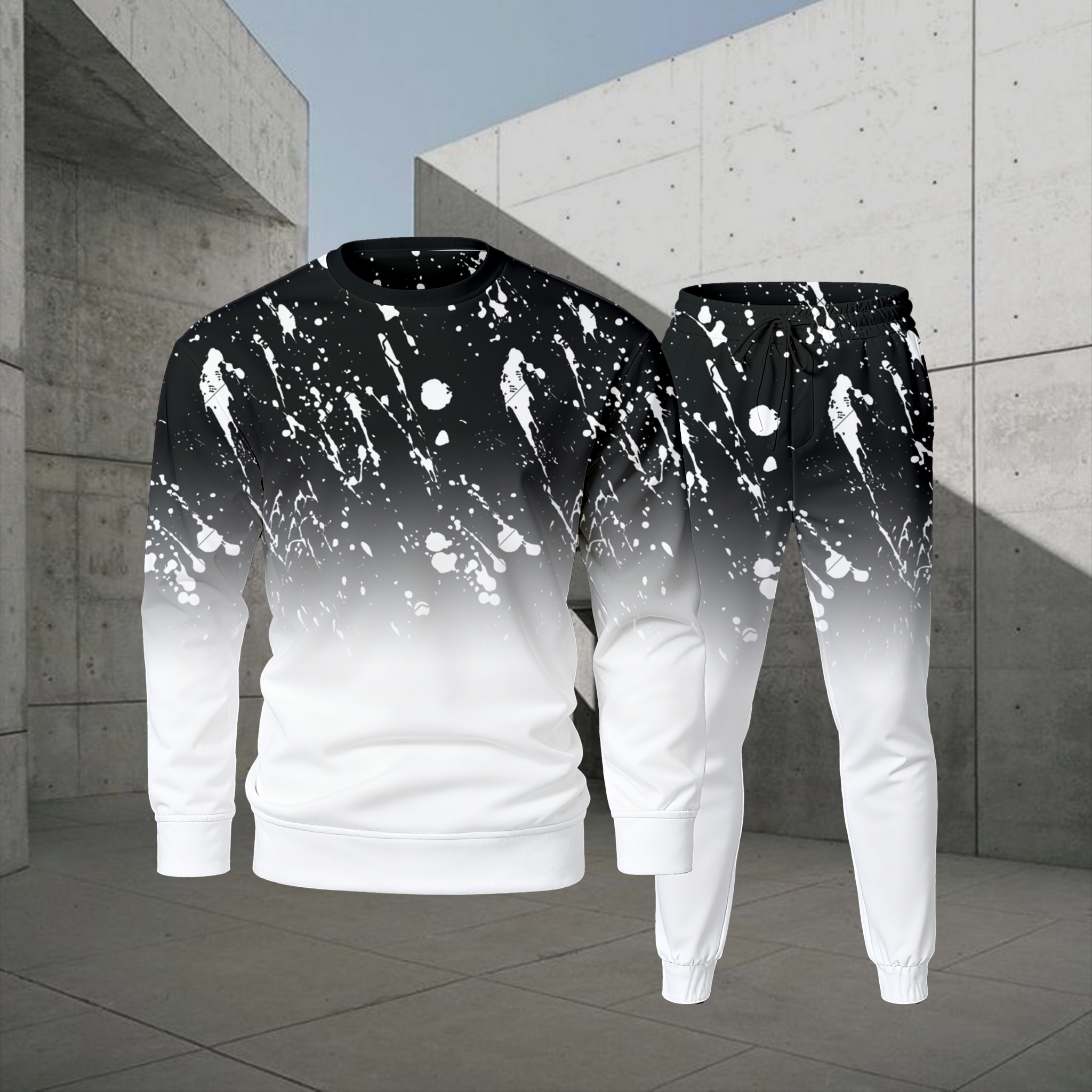 Conjunto de dos piezas casual Color Matching estampado Round-Neck de manga larga sudaderas Trousers para hombre