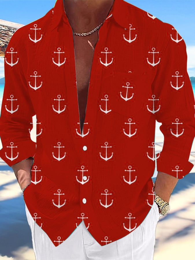 Camisa Nautical Design estampado Lapel Pocket casual para hombre