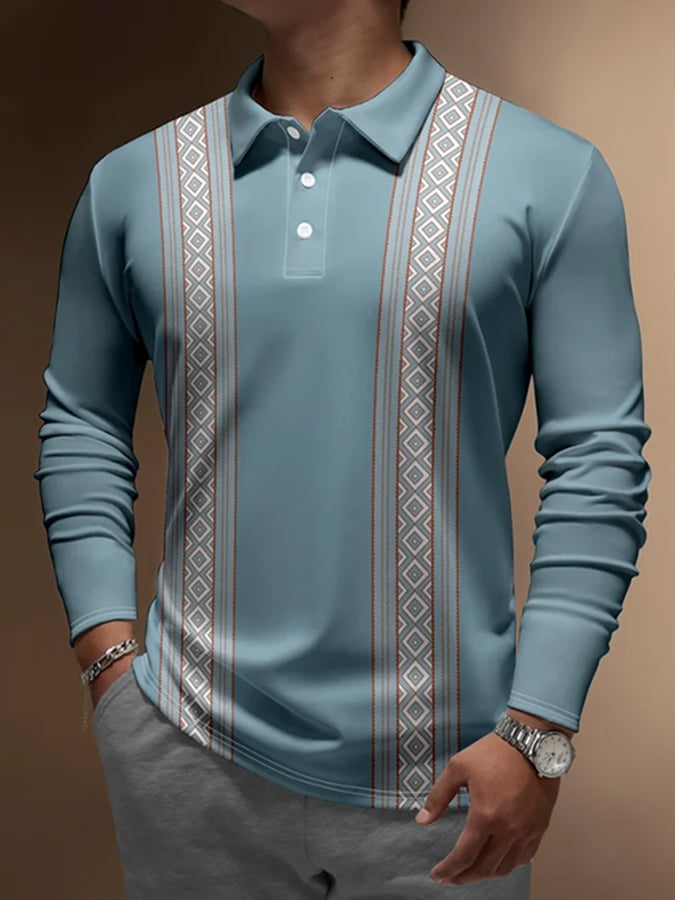 Camisa polo vintage geométrico en bloques de color Button estampado casual para hombre