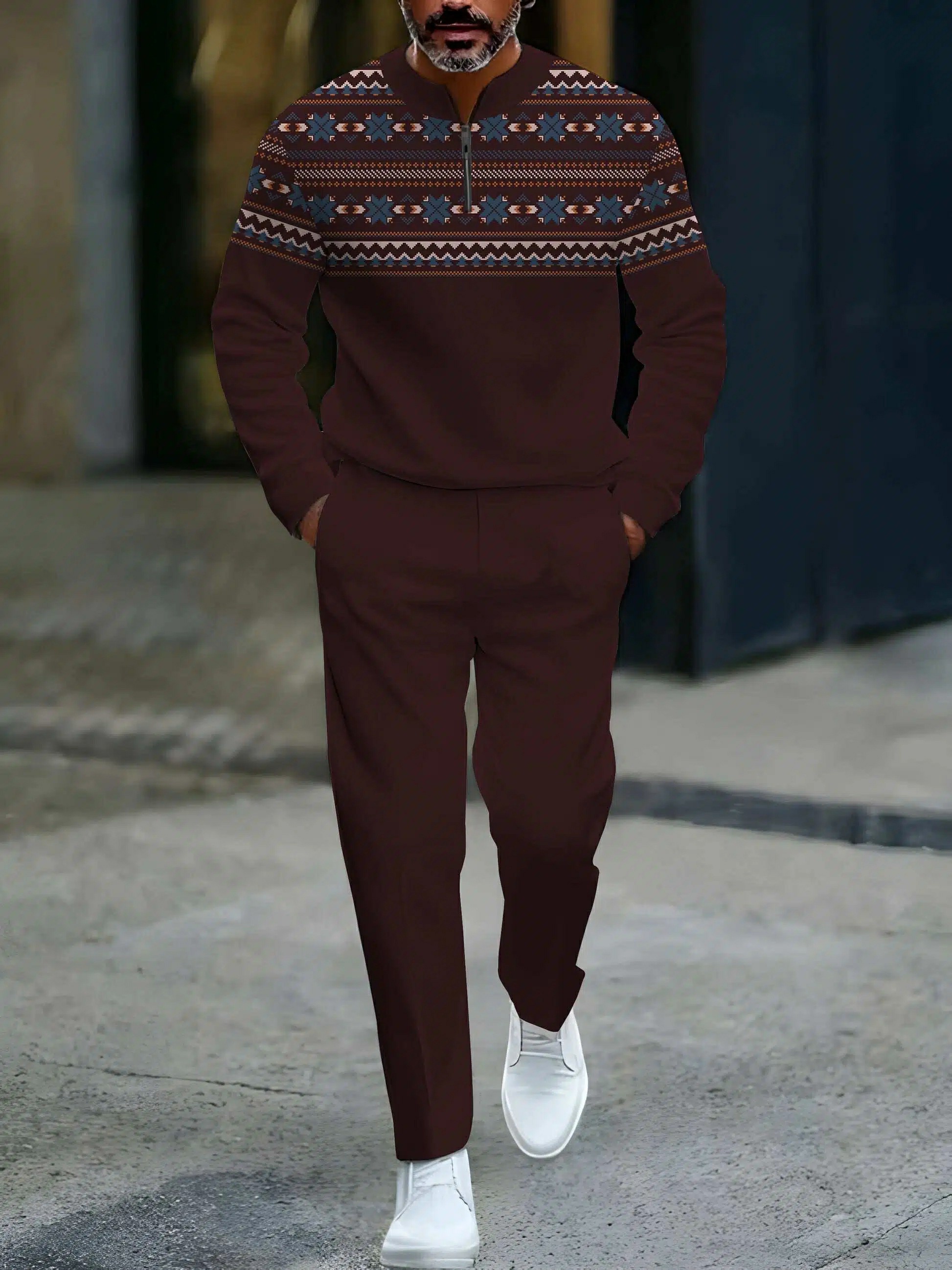 Conjunto de dos piezas casual Red Brown Color Matching Christmas Snowflake diseño Round-Neck cierre de manga larga sudadera & Trousers para hombre