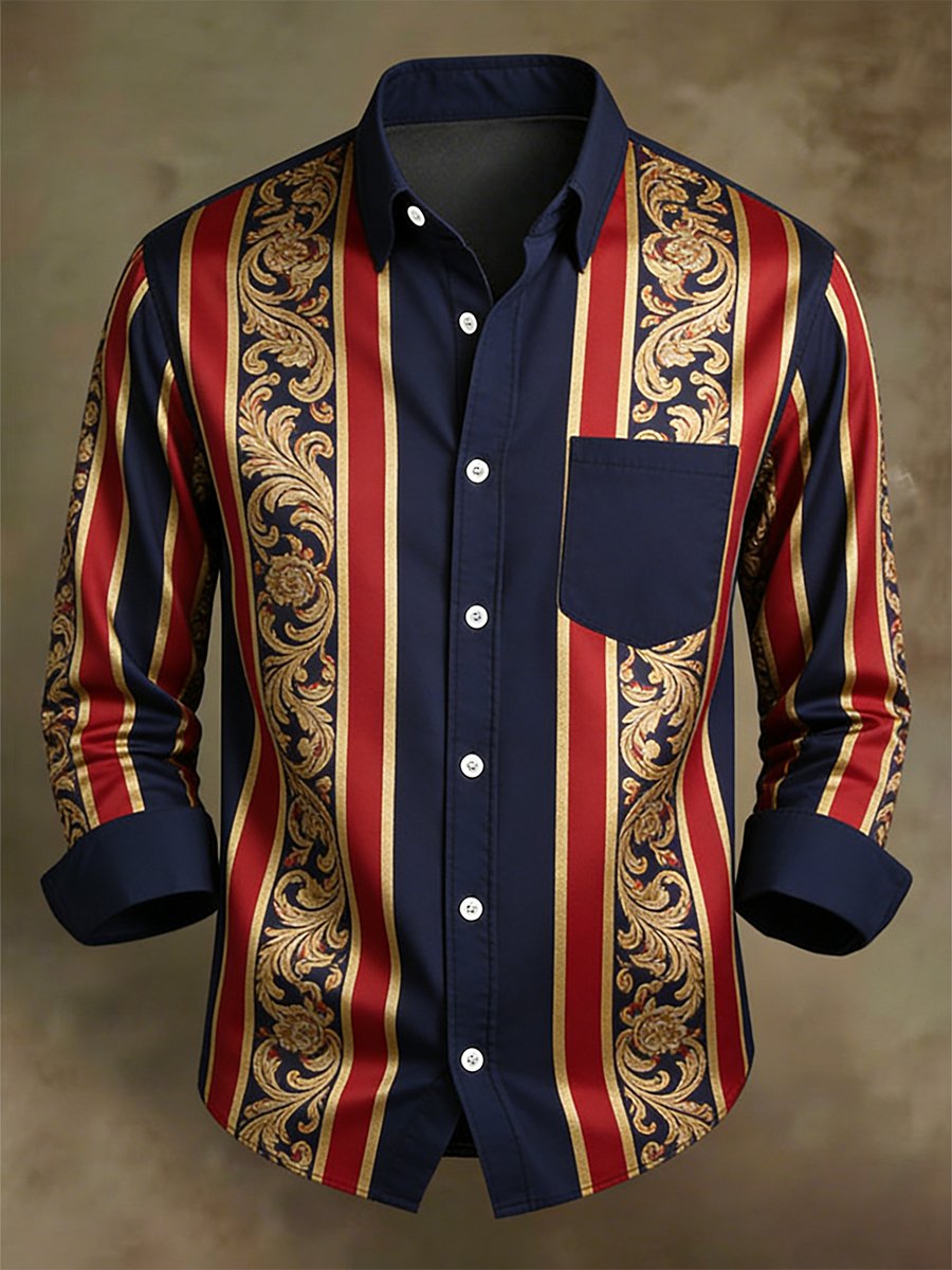 Camisa retro ejecutivo casual Baroque a rayas de manga larga para hombre
