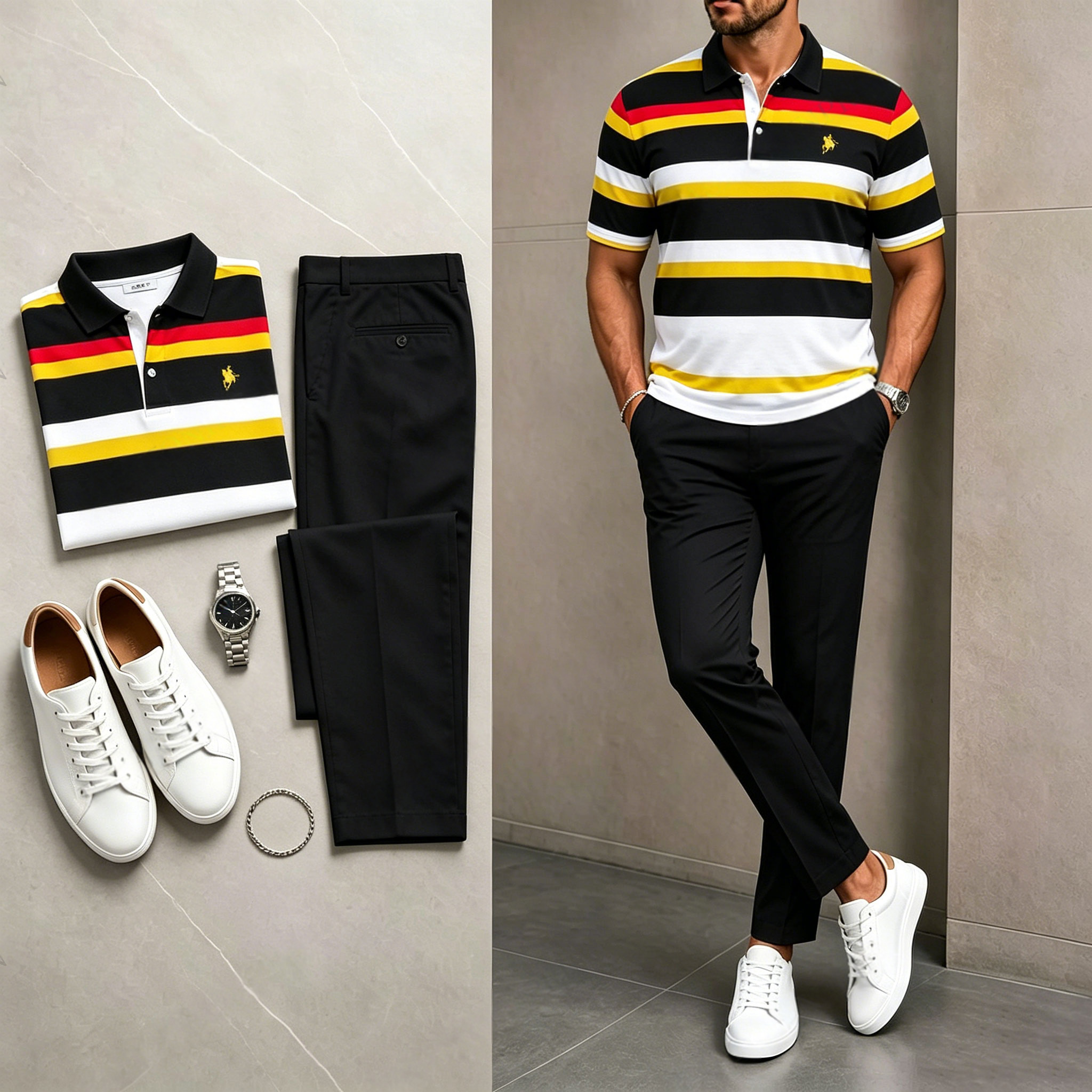 Conjunto de dos piezas casual Black & White rayas estampado camisa polo And pantalón para hombre
