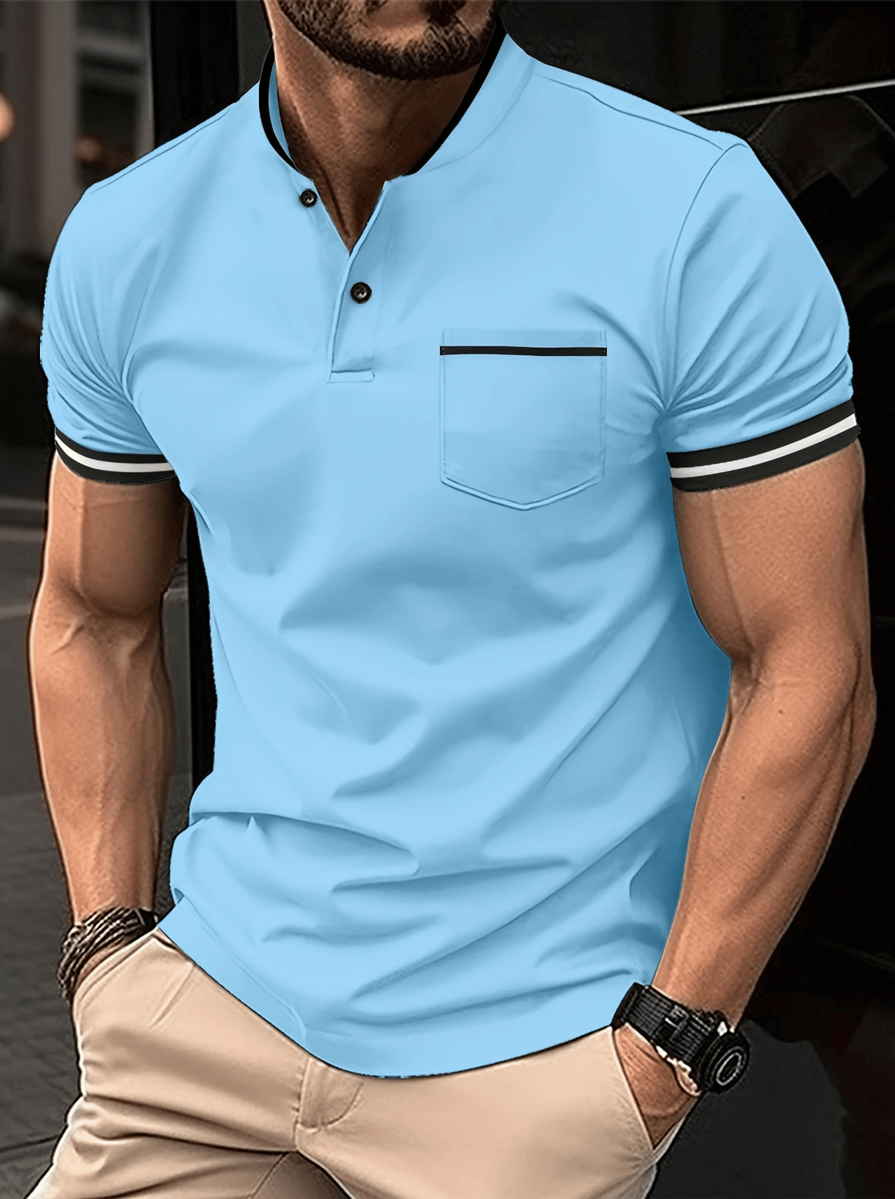 Camiseta casual de manga corta Henley para hombre