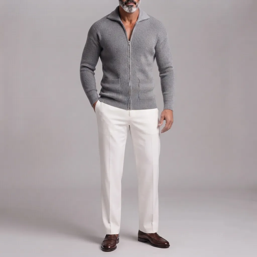 para hombre Gray Ribbed tejido Patch Pockets de corte entallado Full Zip Cardigan