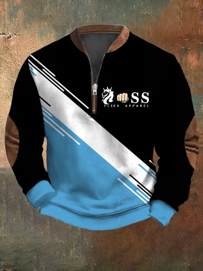 Sudadera retro Letter Design estampado casual cierre cuello de manga larga para hombre