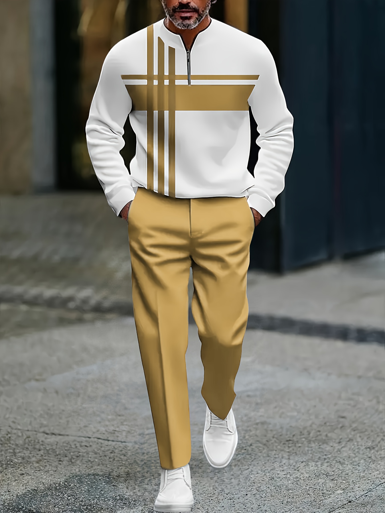 Conjunto de dos piezas casual Color Matching estampado Round-Neck Zipper de manga larga Trousers para hombre