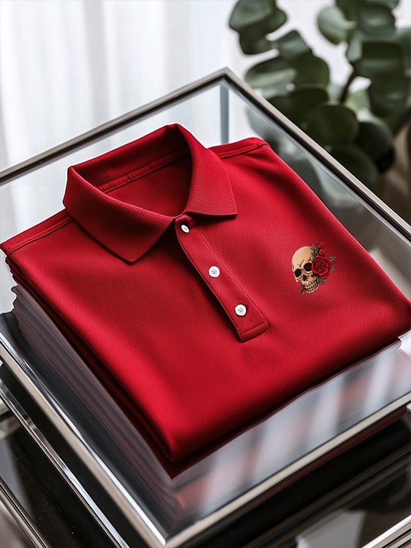 Camisa polo ejecutivo de color sólido Skull estampado de manga corta para hombre