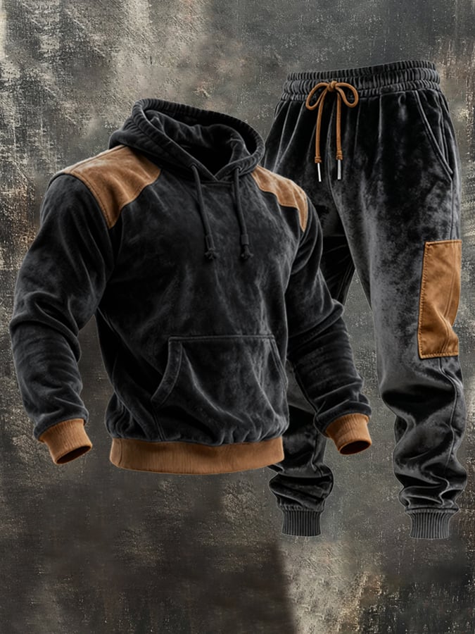 Sudadera retro terciopelo Contrast Hooded casual Set para hombre