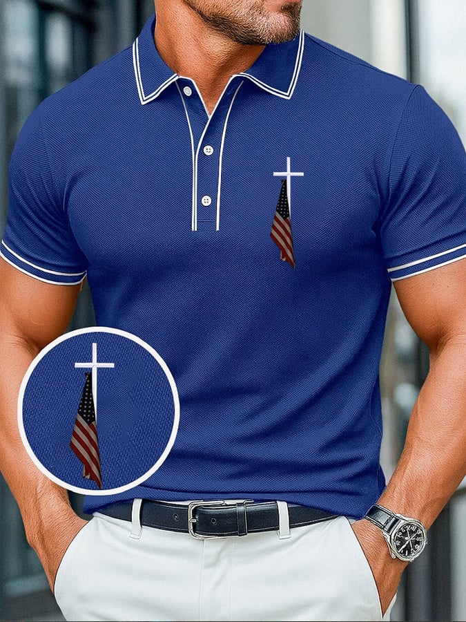 Camisa polo Cross&American Flag estampado casual para hombre