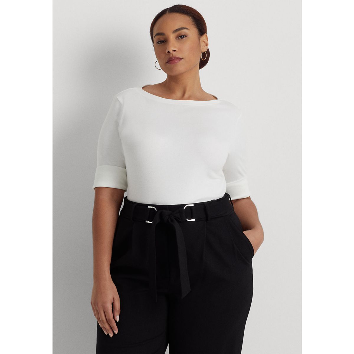 Plus Size Cotton-Blend Boatneck Top - 1