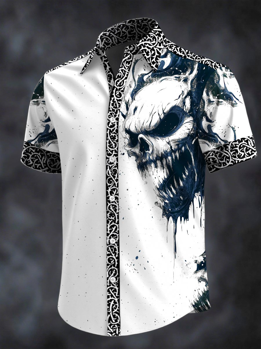 Camisa retro Horror Skull estampado solapa de manga corta para hombre