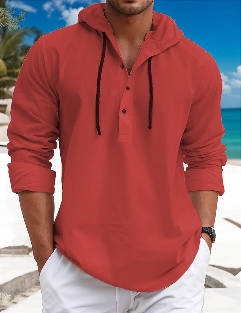 Camisa de lino camisa Calico camisa Summer camisa Beach Wear Plain Vacation Curise White Blue Brown Green de manga larga Hooded Spring & Summer Clothing Apparel para hombre - vista 8