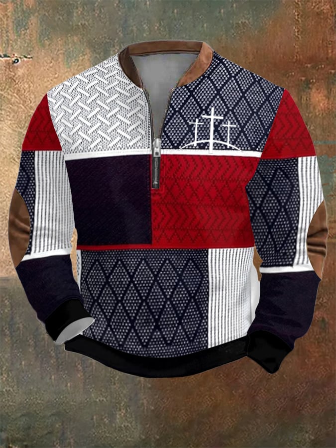 Sudadera retro Western texturizado Faith Cross estampado cierre Neck para hombre
