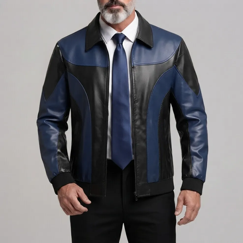 para hombre Navy Blue PU Leather Colorblock Turndown Collar con cierre chaqueta