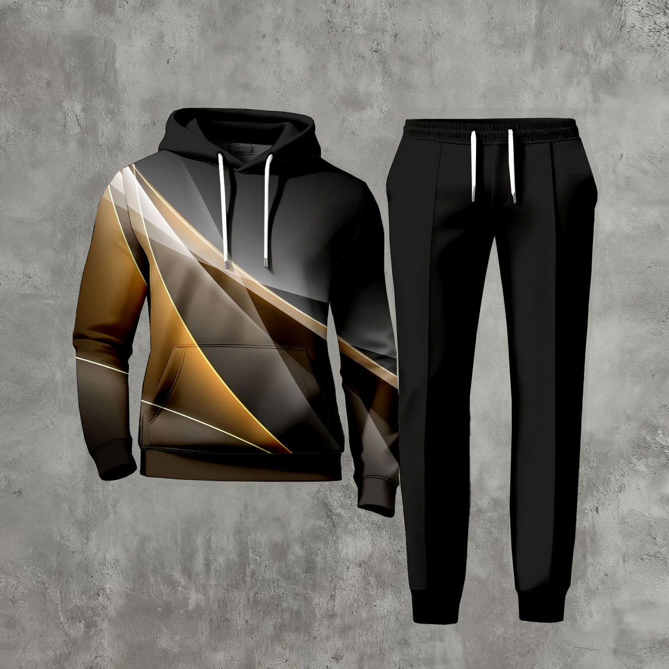 Conjunto de dos piezas casual Black Gradient Color Matching estampado de manga larga sudadera con capuchas sudadera & Trousers para hombre