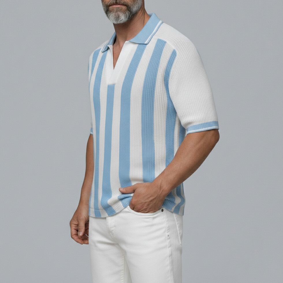 Camisa polo White Contrast a rayas Pattern tejidoted de manga corta para hombre