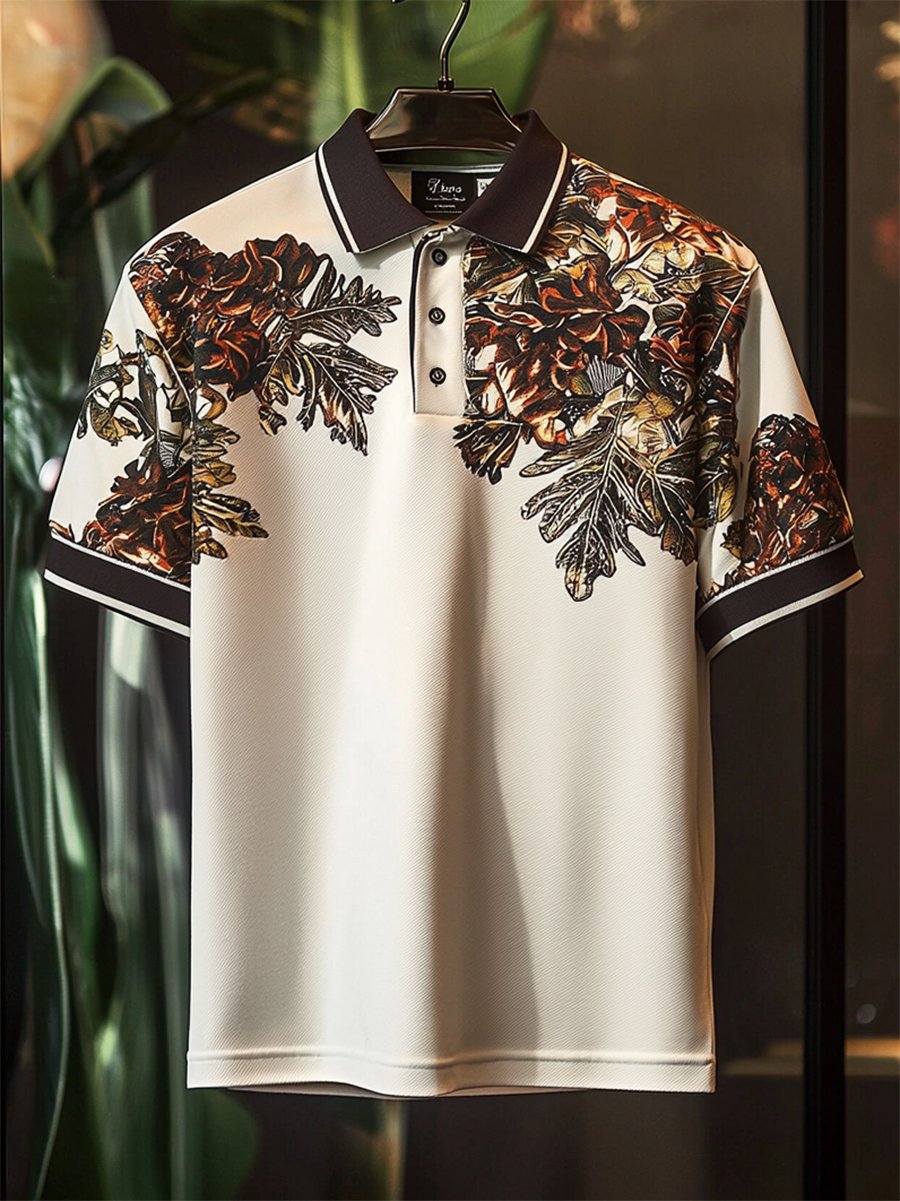 Camisa polo casual Festive floral estampado Button de manga corta para hombre