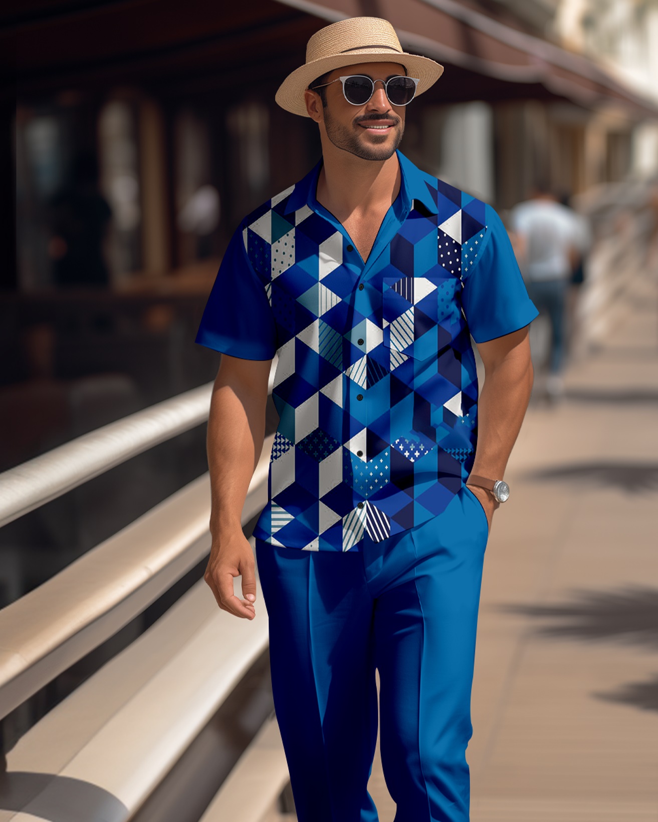 Camisa retro colorblock de manga corta walking Suit 1672 para hombre