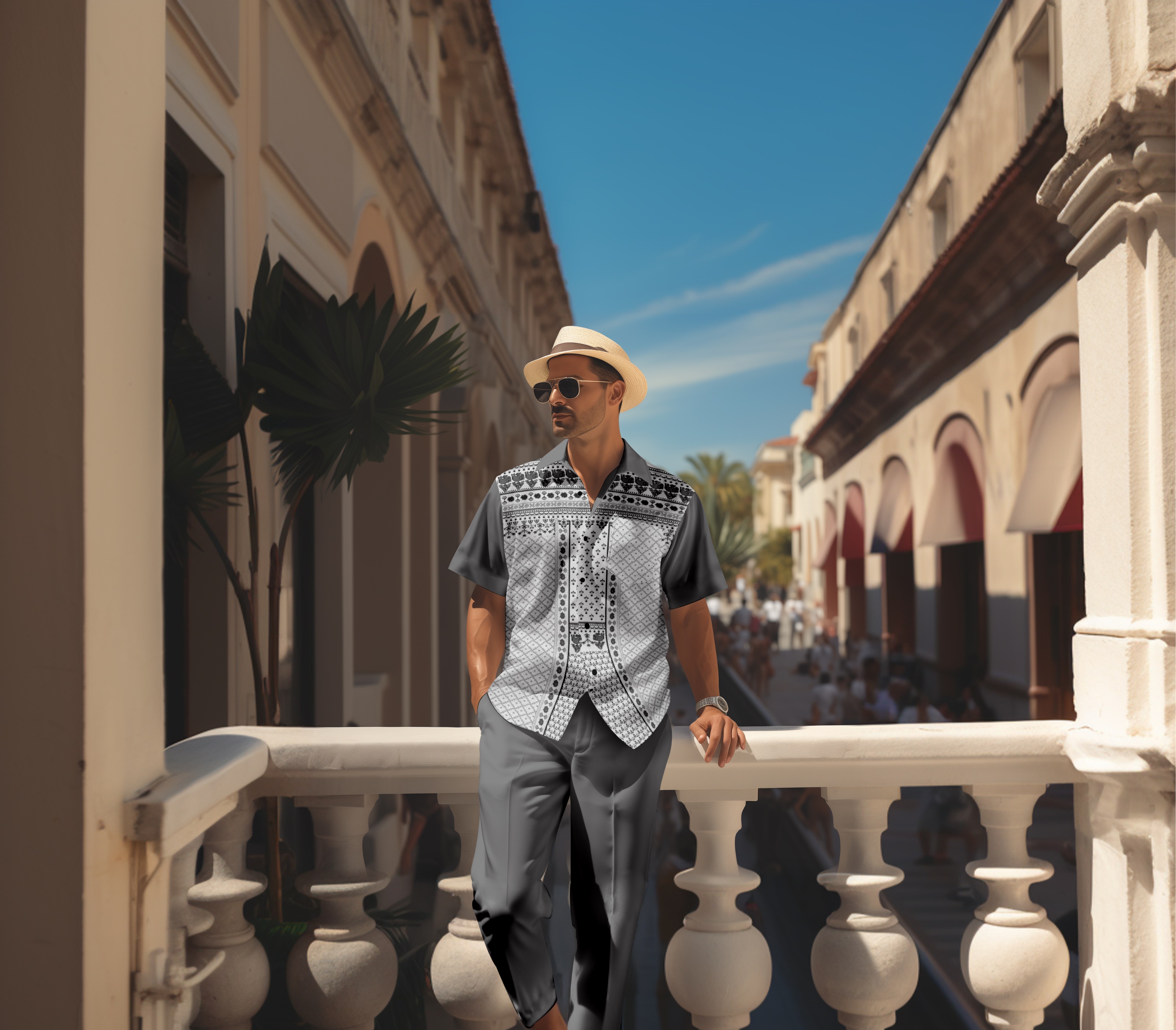 Camisa retro colorblock de manga corta walking Suit 1661 para hombre