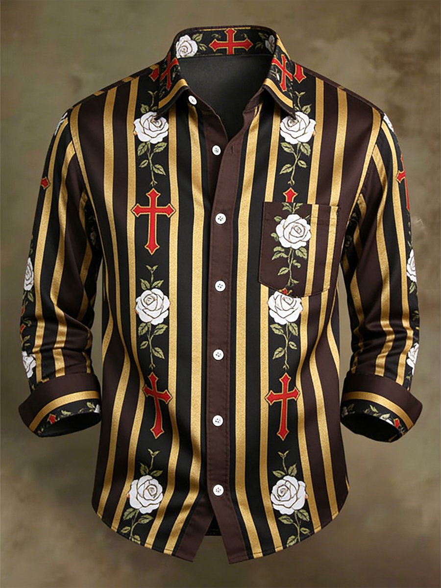 Camisa retro ejecutivo casual Baroque Rose Faith a rayas de manga larga para hombre